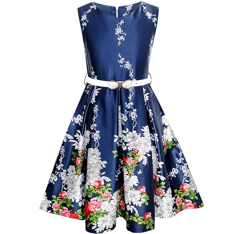 Girls Dress Navy Blue Flower Belt Vintage Party Sundress 2020 Summer Princess Wedding Dresses Clothes Size 6-14 Carnival | Детская