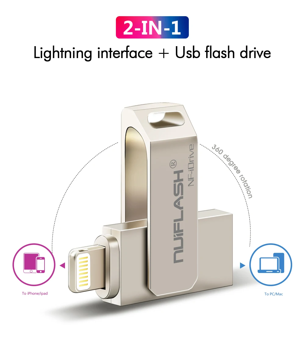 Nuiflash Usb флеш-накопитель 8 ГБ, 16 ГБ, 32 ГБ, 64 ГБ, 128 ГБ, флеш-накопитель, карта памяти для iphone 8, 7 Plus, 6, 6 S Plus, 5S, ipad, флешка