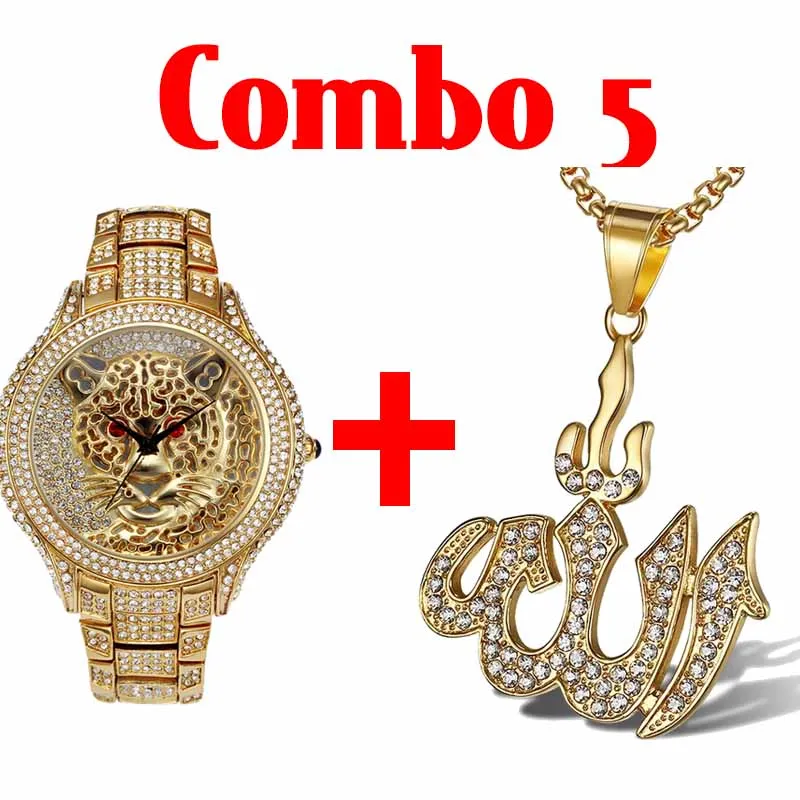 combo 5 Хип хоп Iced Out Полный AAA кубический цирконий Тигр Роскошные мужские часы крест и череп и глаз Provi Dence кристалл кулон комбо набор - Окраска металла: combo 5