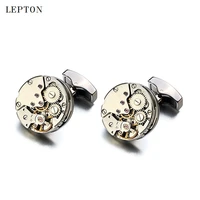 2017 new watch movement cufflinks of immovable lepton stainless steel steampunk gear watch mechanism cuff links for mens gemelos