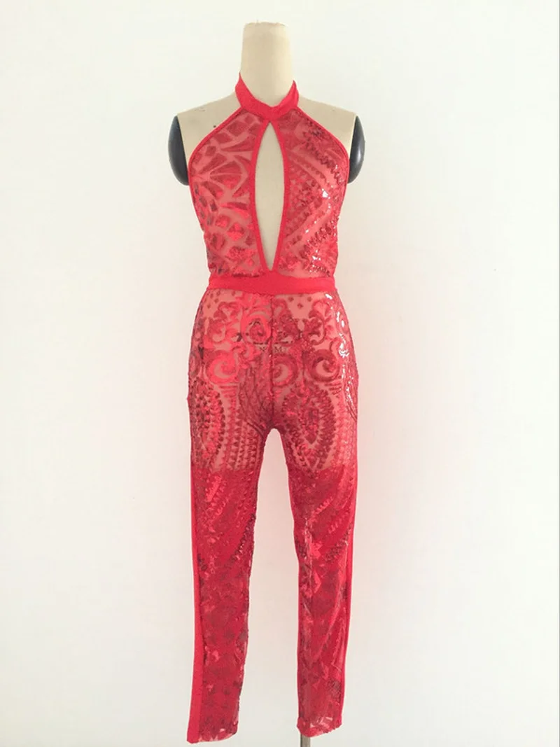 

U-SWEAR Sequin Jumpsuit Black Sexy Women Summer Halter Celebrity Party Jumpsuits for Women Hip Zipper Pencil Rompers