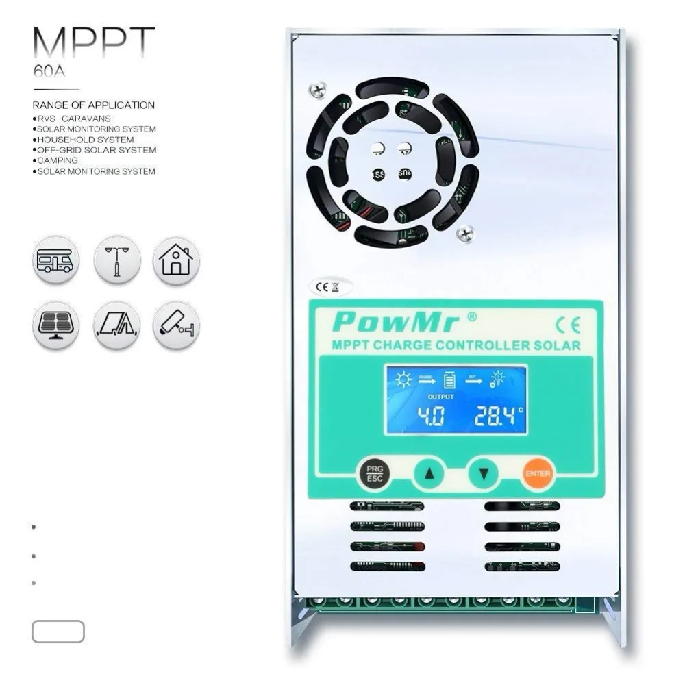 Регулятор солнечной энергии PowMr MPPT 60A 48V 36V 24V 12V Auto Max 190VDC ЖК контроллер для свинцово