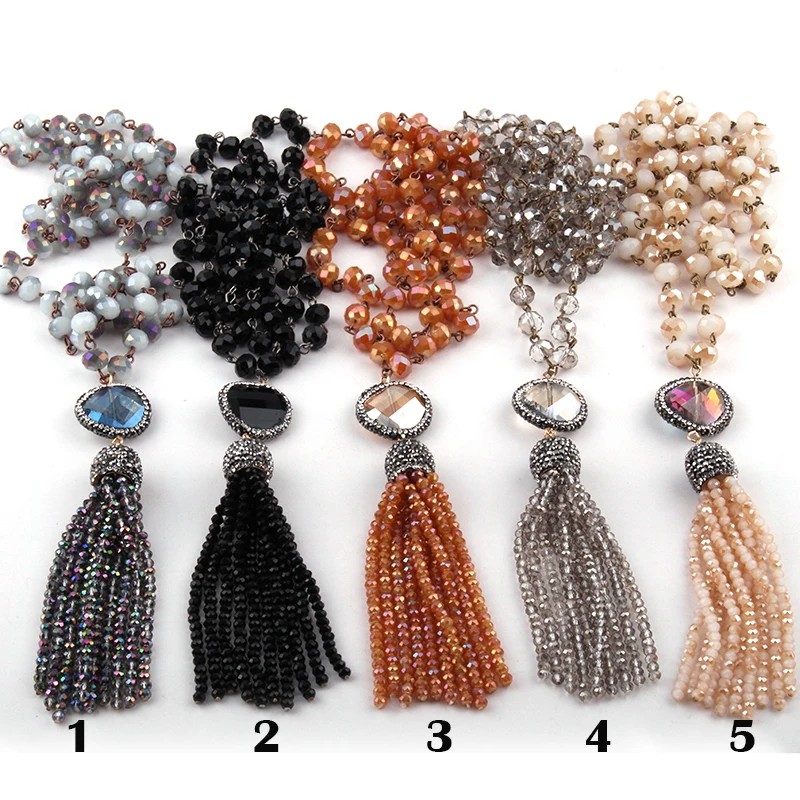 

Wholesale Fashion Bohemian Jewelry 5*8 Crystal Rosary Chain Link Crystal Tassel Necklace For Women Ethnic Necklace