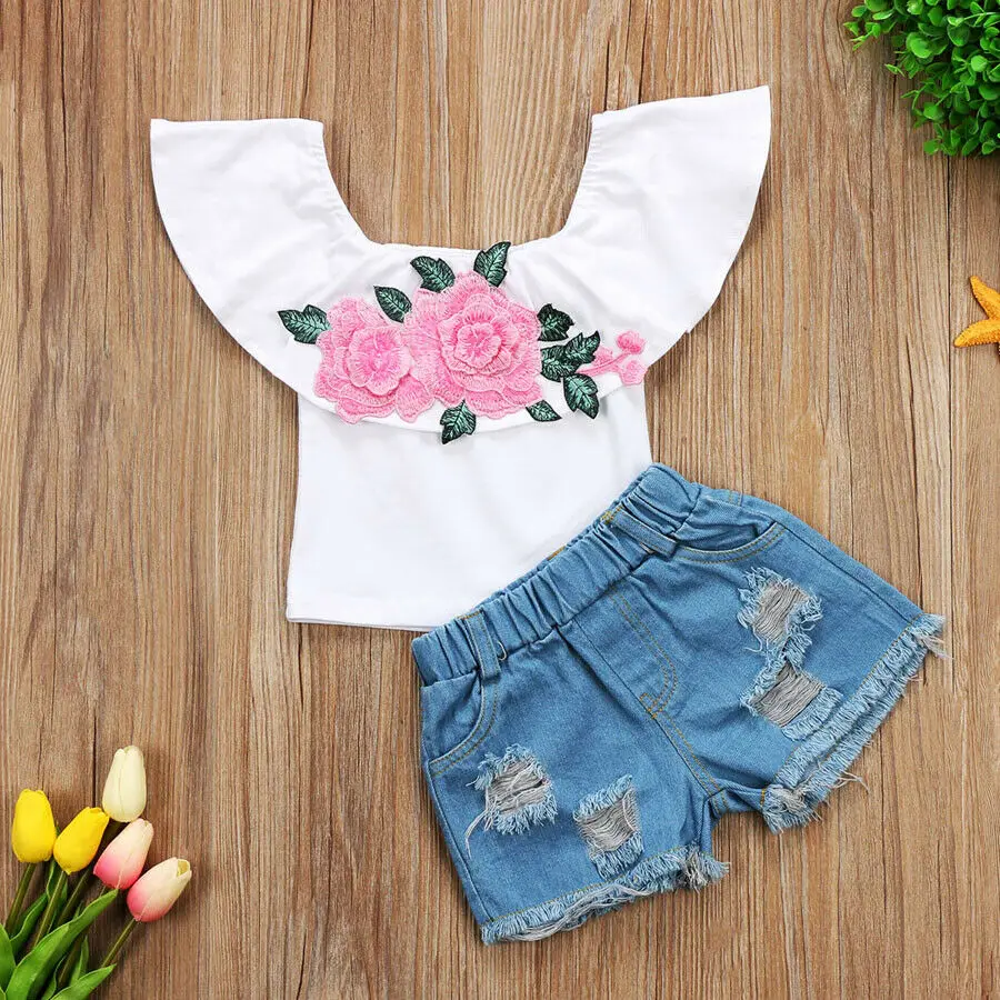 Детский топ с цветочным принтом для маленьких девочек короткие рваные джинсы