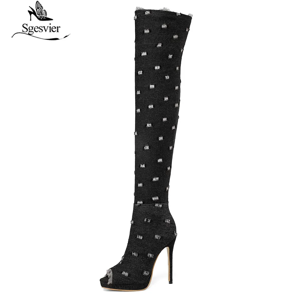 

Sgesvier Women Boots summer autumn peep toe Over The Knee Boots High quality elastic jeans fashion boots high heels boots G194