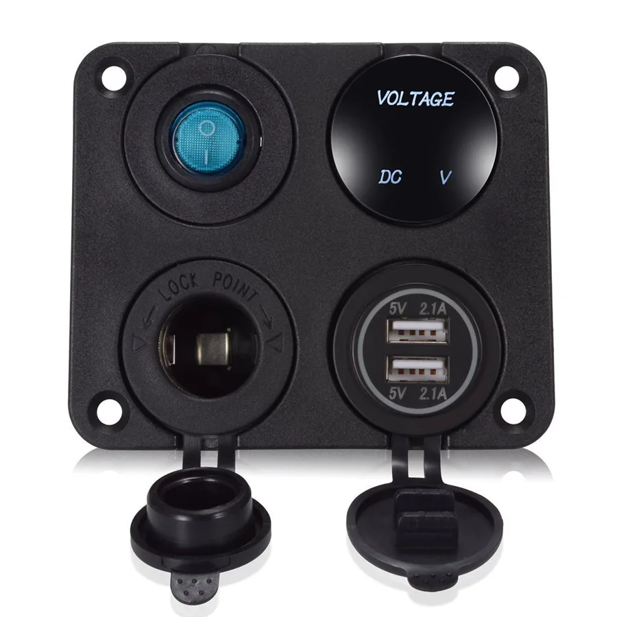 

4 in1 Blue Backlight Car Dual USB Charger + Voltage Meter Display + Rocker Switch Cigarette Lighter Power Adapter Sockets Plug