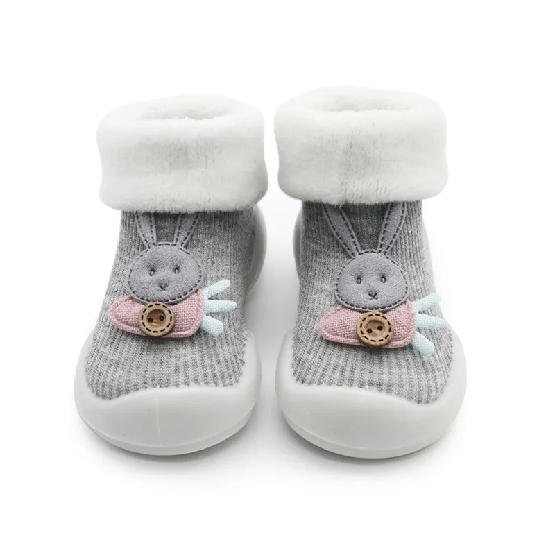 Dark Grey Осенне-зимние Новые плотные детские носки-тапочки с плюшевой подкладкой, 0-36 месяцев, нескользящие носки для малышей с резиновой подошвой, теплые носки с изображением животных - Цвет: Dark Grey