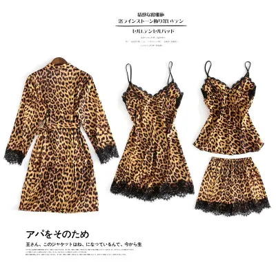 leopard 4pcs set Daeyard женские пижамы сексуальное кружевное белье шелковые леопардовые 4 шт. пижамные комплекты летние женские пижамы ночное белье нагрудные накладки - Цвет: leopard 4pcs set