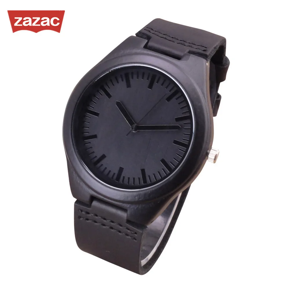 Мужские черные наручные часы из натуральной кожи кварцевые деревянные лучший