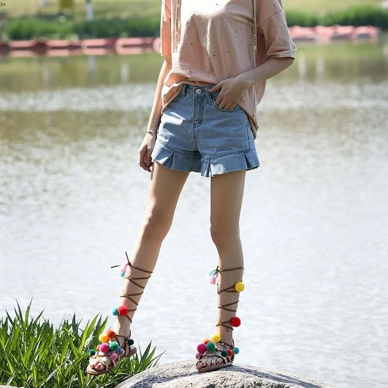 Harga Deification Bohemian Cross Tali Musim Panas Sepatu Campuran Warna Rambut Bola Platform Sandal Etnis Kulit Landasan Pacu Sepatu Flat Sandal