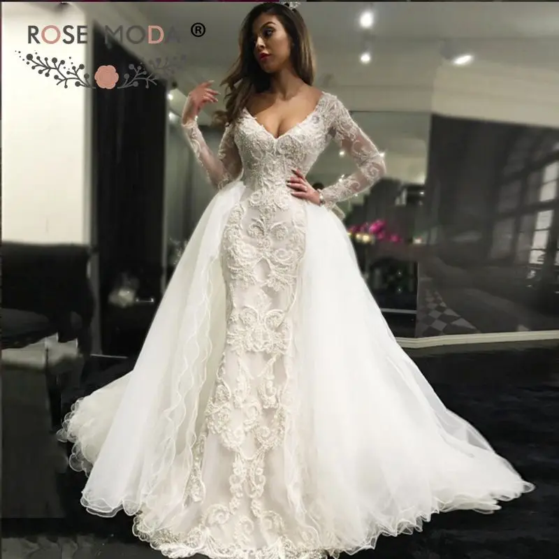 Роза Moda Роскошные V шеи одежда с длинным рукавом Кружева свадебное платье-футляр со съемной поезд кружевное свадебное платье с жемчугом