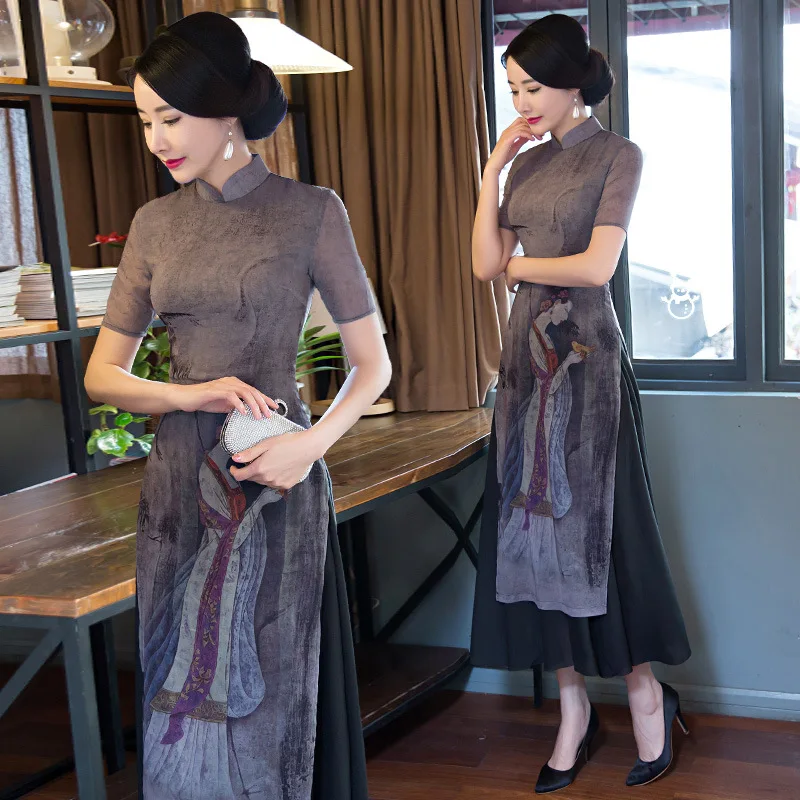 Новое серое шифоновое длинное платье Ципао для женщин из Вьетнама Aodai с цветочным принтом, сексуальное платье Ципао в винтажном стиле с воротником-стойкой, элегантное китайское платье