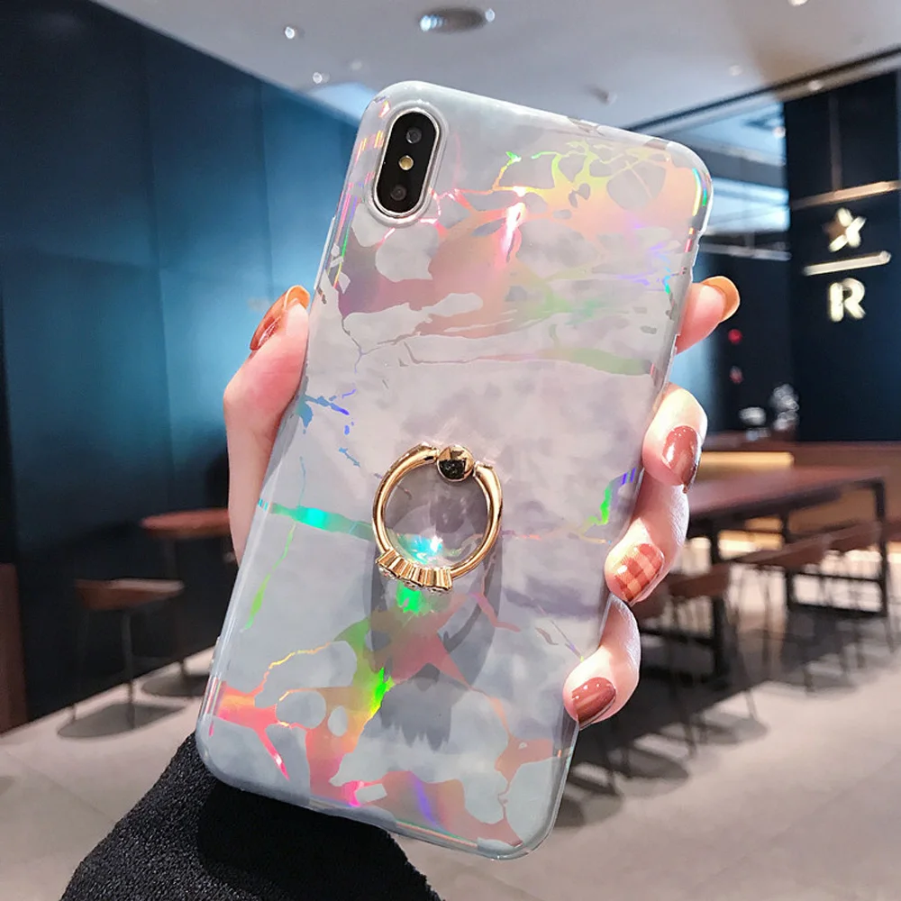 Чехол Heyytle с лазерным мрамором для iPhone 7, 8 Plus, 6, 6 s, чехлы с кольцом-держателем для iPhone X, XS, MAX, XR, мягкий ТПУ чехол, красочная подставка, чехол