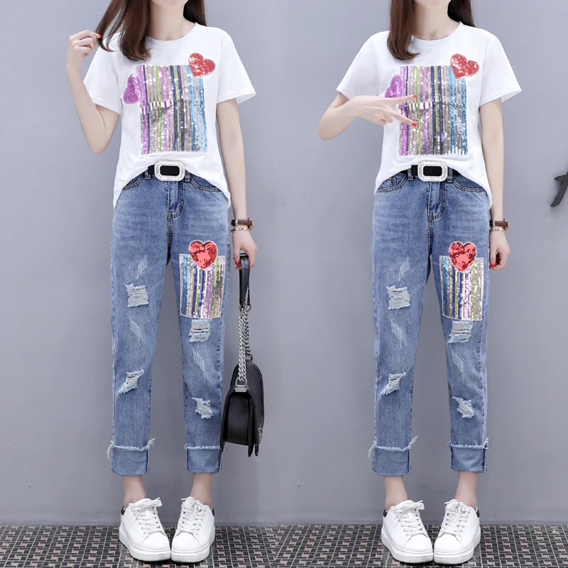 Summer New Fashion Two Piece Sets Women T shirt Sequins Short Sleeve Tshirt Tops + Casual Broken Hole Jeans Clothes | Женская одежда