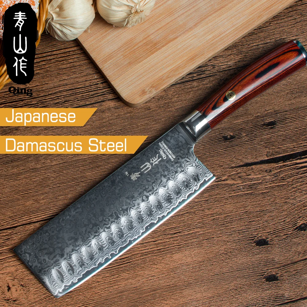 QING Дамасская сталь Nakiri кухонные ножи шеф-повара разделочный нож Santoku лезвие с узором дамасский Кливер кухонный нож кухонные инструменты