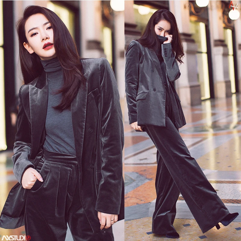 

2 piece women's gold velvet small suit suit female spring British wind suit jacket + pants ladies suit autumn female Loose