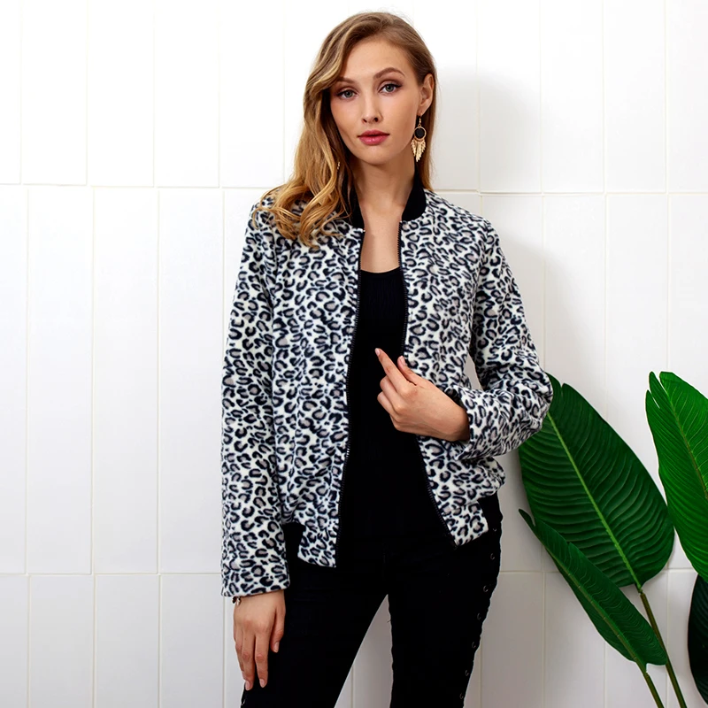 Gaeshow Повседневное Leopard Бейсбол куртки Для женщин пальто на молнии флис Курточка