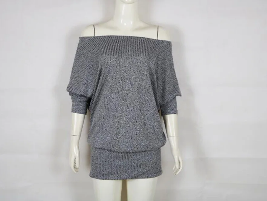 

OMILKA Long Sleeve Off the Shoulder Knitted Dress 2018 Autumn Women Long Sleeve Slash Neck Gray Purple Draped Bodycon Mini Dress