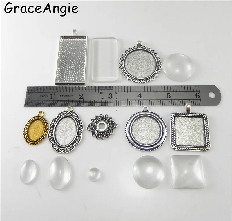 GraceAngie 15 комплектов смешанный подвесной лоток со стеклянными кабошонами основа