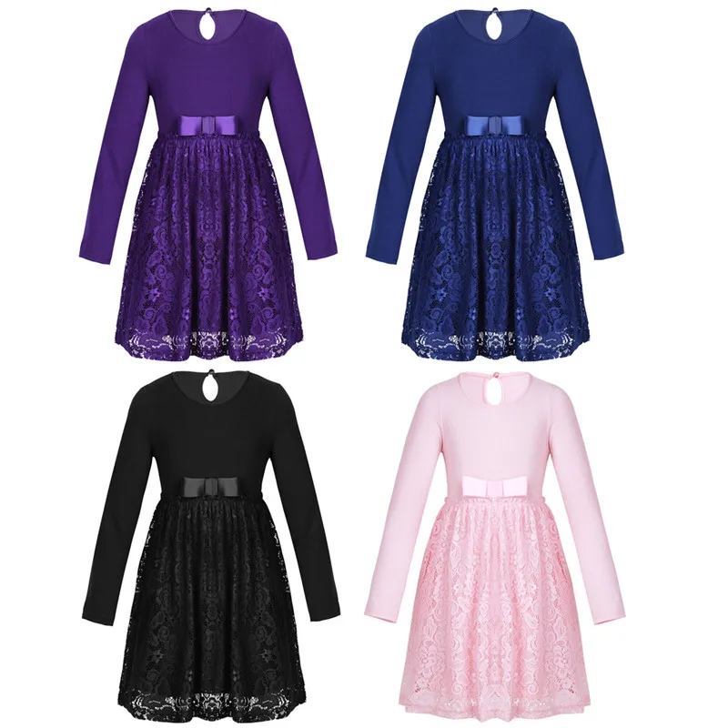 

Kids Girls Lace Long Sleeves Bowknot Round Neck Flower Girl Dress Princess Wedding Party Dress for Pageant Formal Occasion Dress