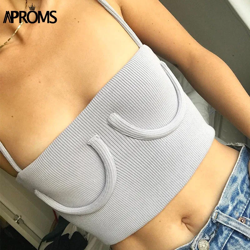 Aproms, карамельный цвет, трикотажный ребристый укороченный топ на бретелях, уличная одежда, базовая майка, Модный женский укороченный топ, короткий эластичный бюстгальтер, футболки
