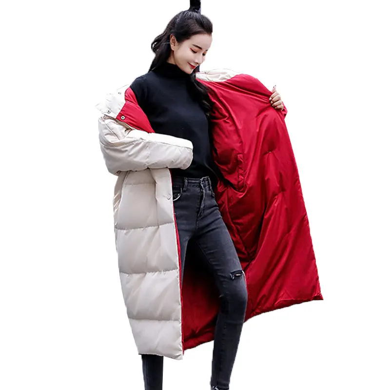 off white Большие размеры, длинная куртка, пальто, модная зимняя куртка, женская теплая пуховая парка с капюшоном, свободная двубортная Толстая хлопковая верхняя одежда 854 - Цвет: off white