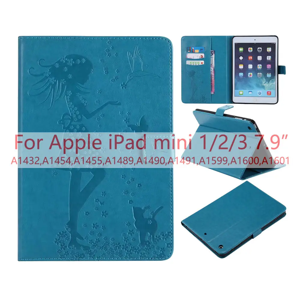 Чехол для iPad Mini 4 чехол с тиснением из искусственной кожи+ мягкая задняя крышка Trifold Stand Auto Sleep/Wake up Smart Cover для iPad Mini 1/2/3 - Цвет: Blue