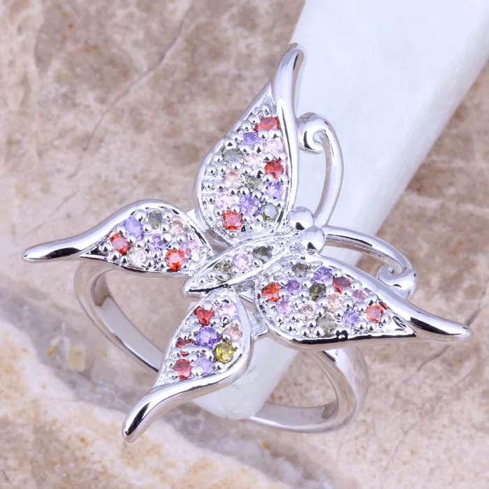 Сказочный многоцветный красный гранатовый серебряное женское кольцо с бабочкой