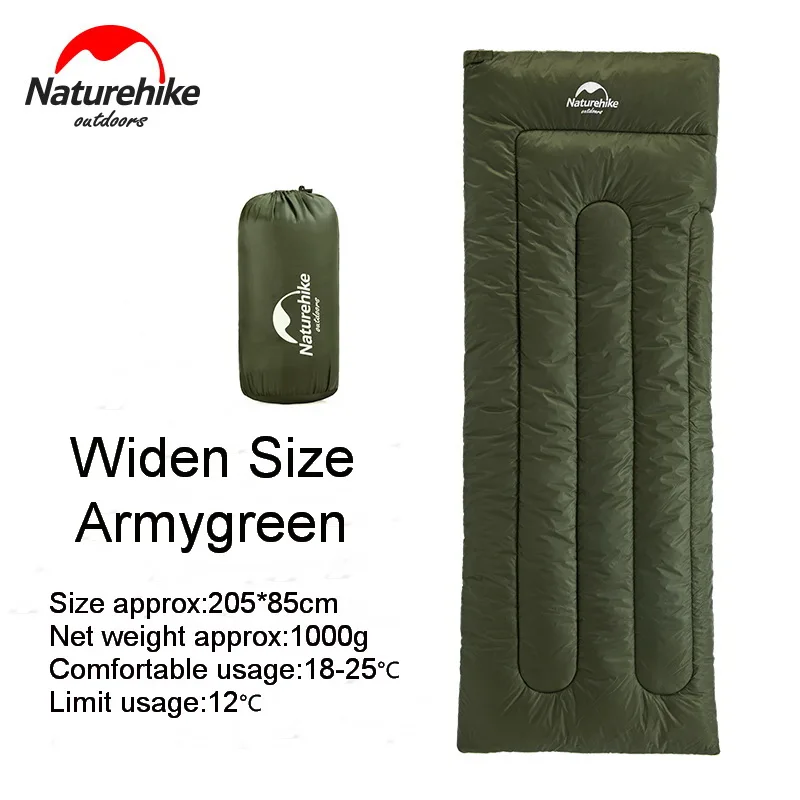 armygreen widen Naturehik Открытый Сверхлегкий квадратный спальный мешок хлопок дышащий Тонкий спальный мешок Кемпинг путешествия весна осень лето 800 г - Цвет: armygreen widen