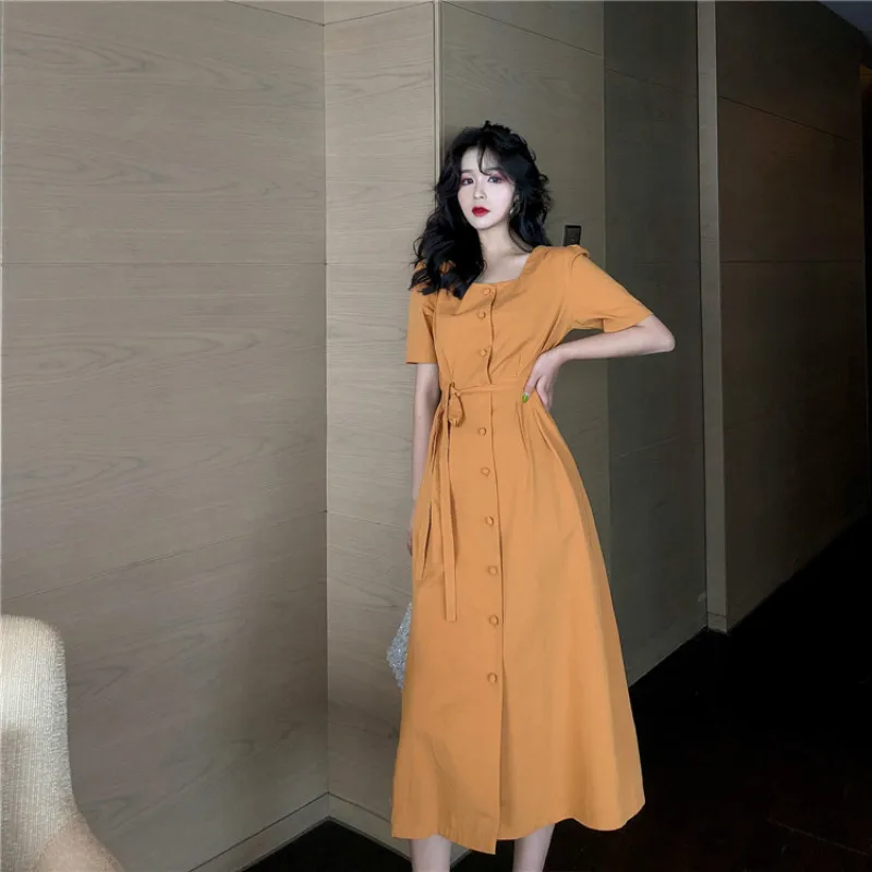 Women Summer Long Shirt Dress with Buttons Ladies Slim Waist a Line Elegant Vestidos Belt Casual Green Robe Femme Sukienki | Женская