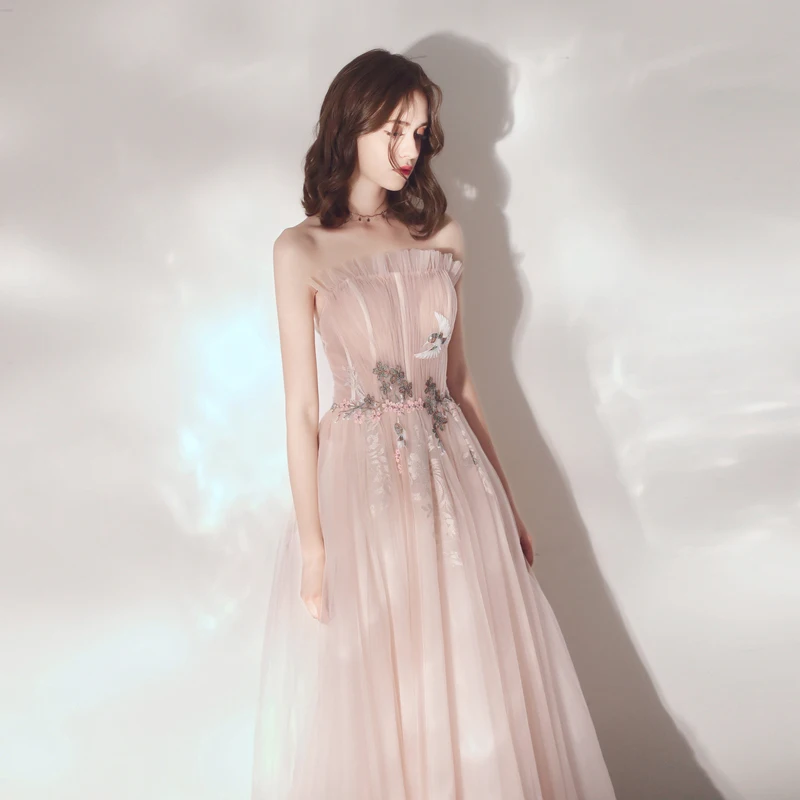 SSYfashion/Новинка элегантные светло розовые вечерние платья без бретелек с вышивкой