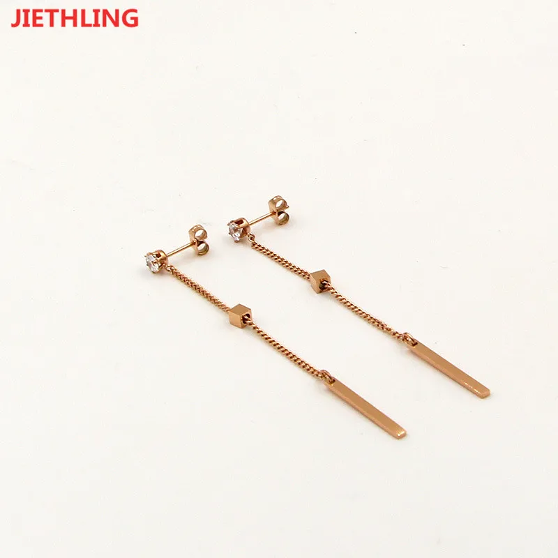 Six Claws Single Cubic Zirconia Link Chains Long Earrings Rose Gold Color Titanium Steel Jewels boucle d'oreille pendante femme |