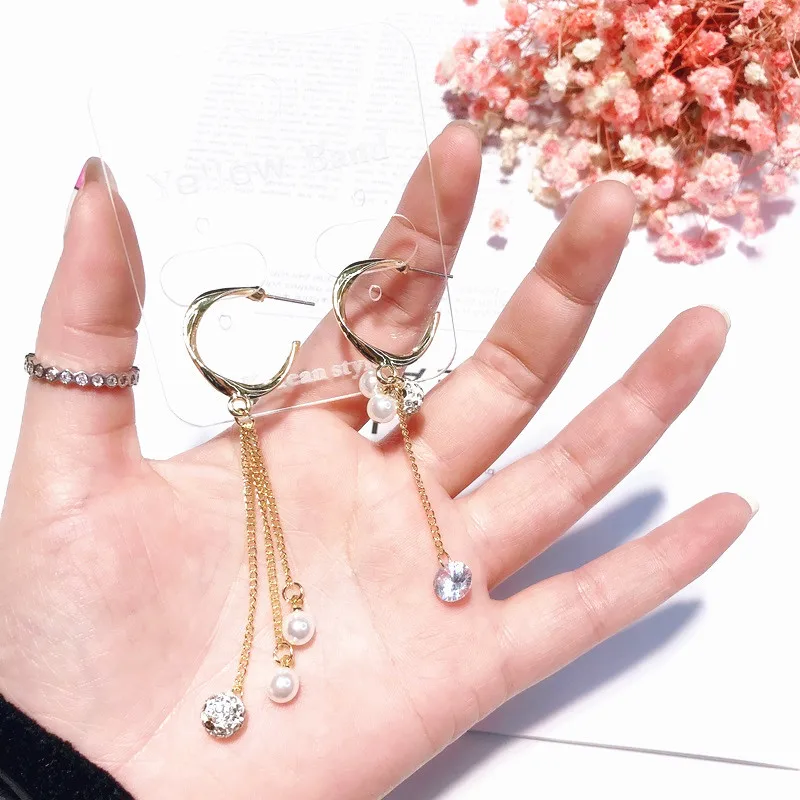 2019 New Fashion Women Asymmetric Cirle Zircon Drop Earrings Long Chain Tassel Simulated Pearl Beads Korean Pendientes Jewelry | Украшения