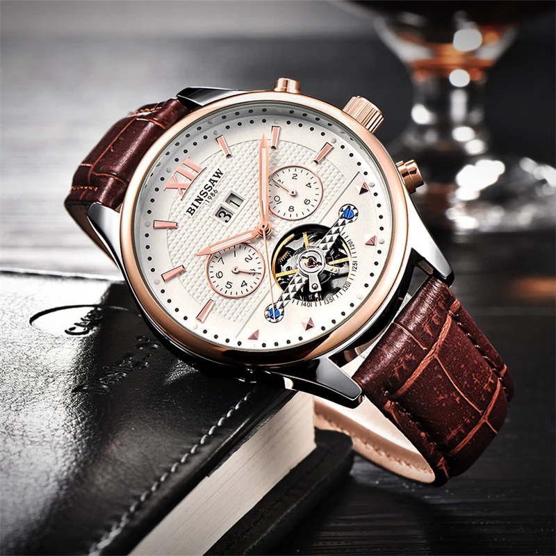 BINSSAW Модные Военные автоматические механические часы мужские Tourbillon кожаные с