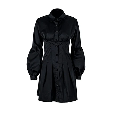 Black OOTN черная туника с рукавом-фонариком, платье-рубашка, женское Плиссированное ТРАПЕЦИЕВИДНОЕ ПЛАТЬЕ С Длинным Рукавом, элегантное модное женское мини-платье для вечеринок - Цвет: Black