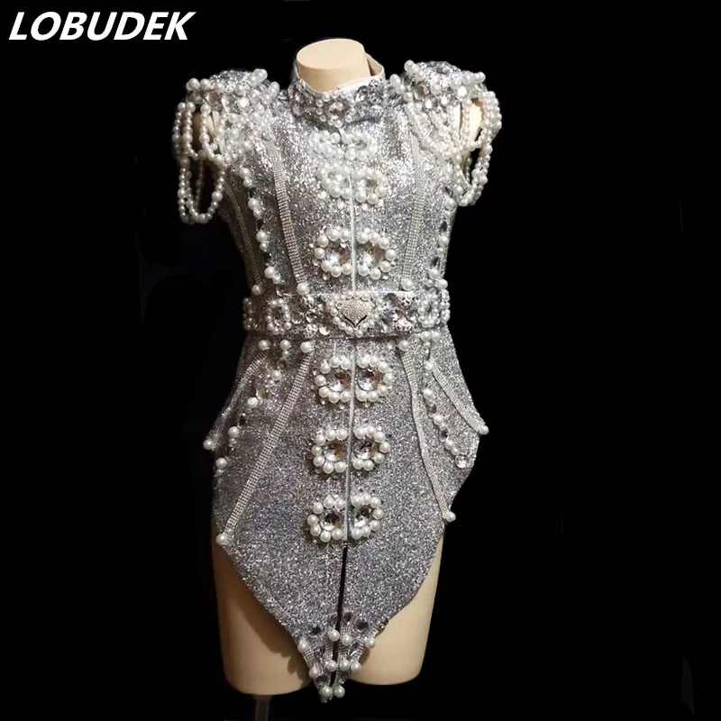 

Hand Sewing Pearl Rhinestones Silver Sequins Dress Shorts Set Women Singer Modern Dance Costume Jazz Team Performance Stage Wear