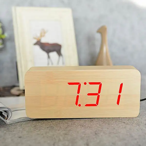 bamboo red FiBiSonic Заводские деревянные будильники, термометр деревянный Светодиодный Настольные часы с контролем звуков, большие цифры Цифровые Часы - Цвет: bamboo red