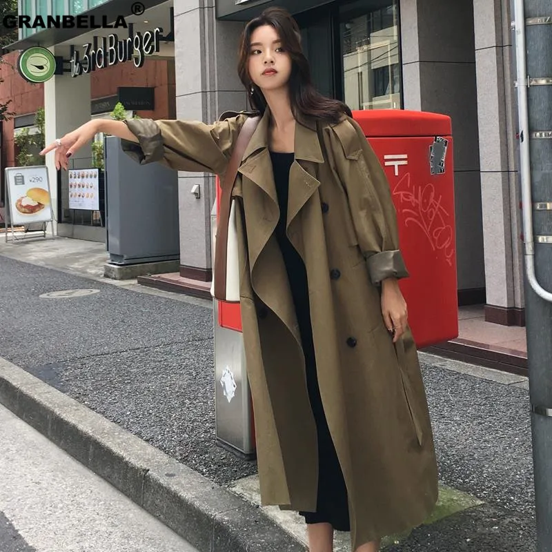 

Classic Military Green Autumn Winter Double breasted Belted Trench Coat Korean Women's Windbreaker Casual Batwing Coat