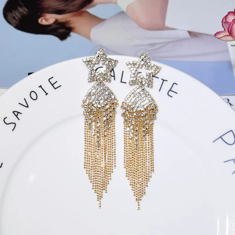 Женские коктейльные серьги Ajojewel длинные кисточки 10 см стразы со звездами