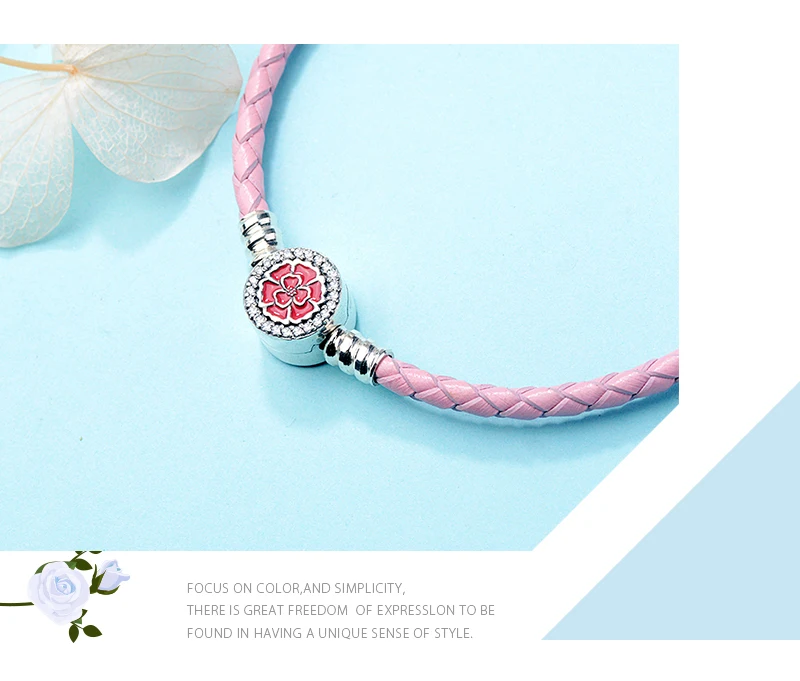SG 925 пробы, серебряный браслет, розовая, Красная эмаль, натуральная Плетеная кожа, змеиная цепочка, браслет с фианитами для женщин, ювелирное изделие для женщин