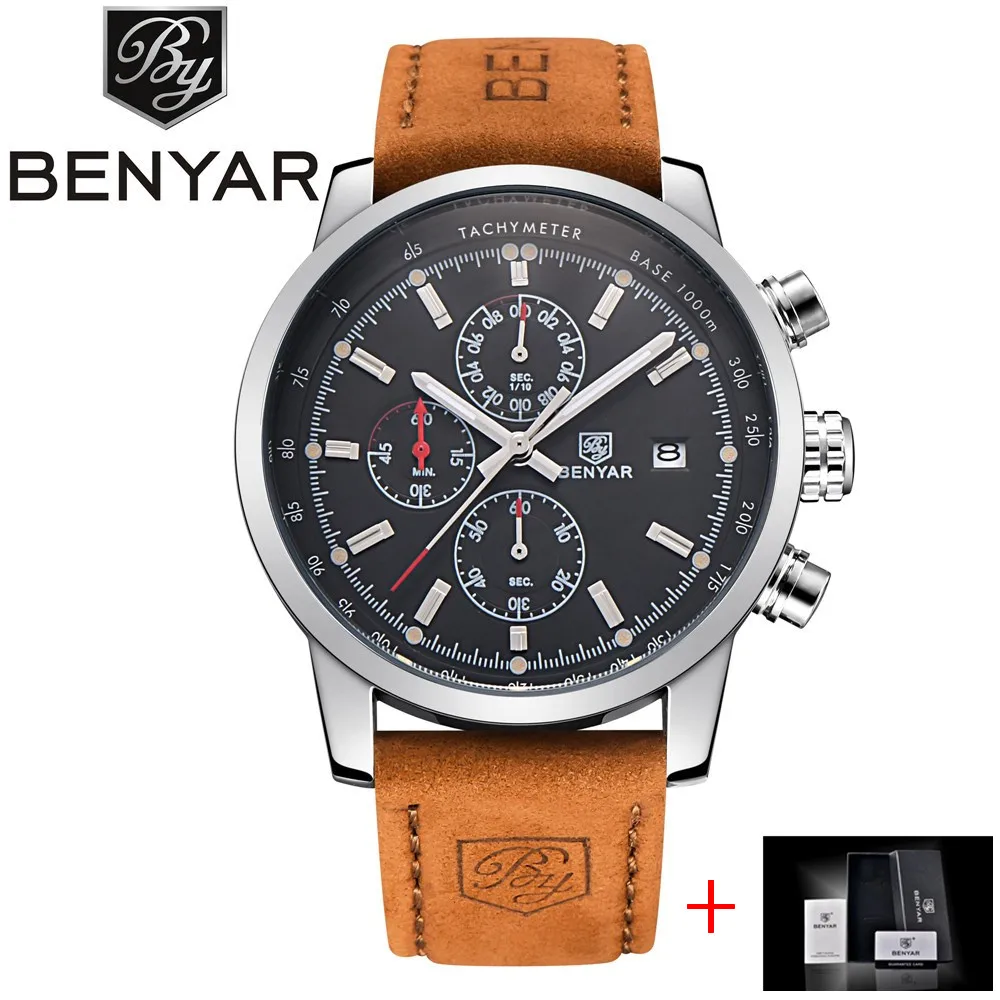 L silver black B Relojes Hombre, бнейар, кварцевые часы, мужские, брендовые, водонепроницаемые, с хронографом, спортивные, кожаные, военные, наручные часы, Relogio Masculino - Цвет: L silver black B
