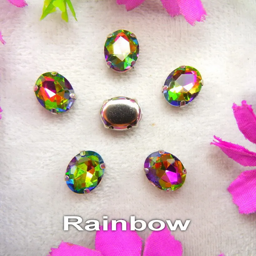 A10 Rainbow AB цвета серебряный коготь настройки 7 размеров овальной формы стекло Кристалл пришить стразы бусины свадебное платье аксессуары отделка - Цвет: A10 Rainbow