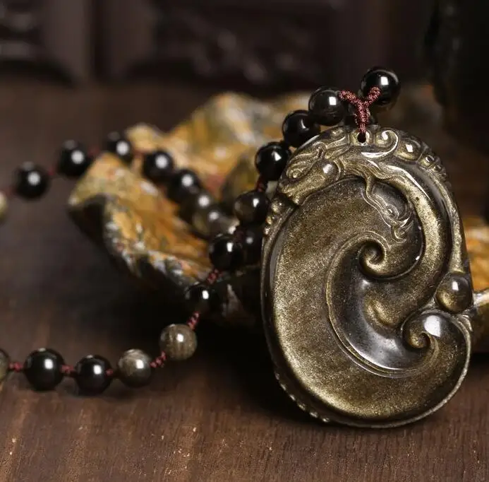 48x32mm Beautiful Natural Gold Obsidian Hand Carved Handmade Dragon RuYi Lucky Pendant + free Beads Necklace Fine Jewelry | Украшения и