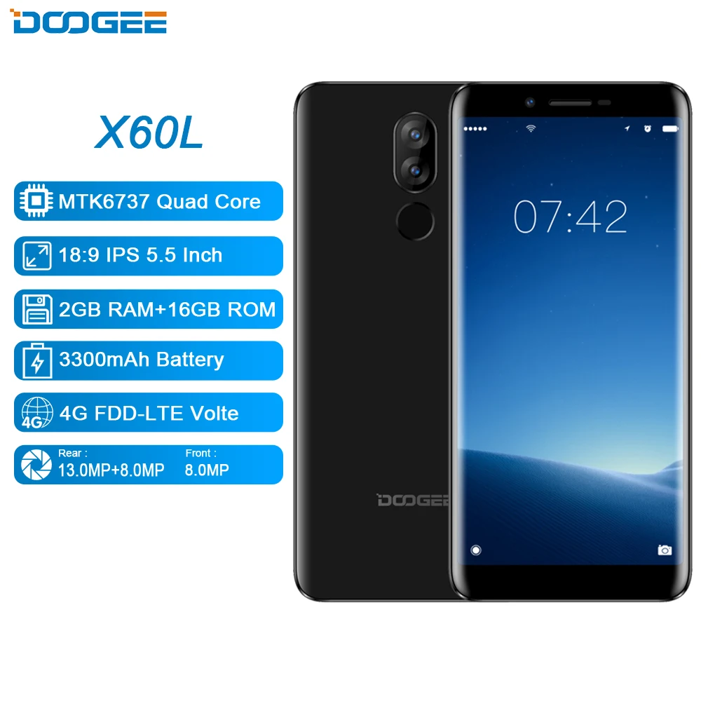 Новый DOOGEE X60L 5 & #39 MTK6737 четырехъядерный 2 Гб ОЗУ 16 ПЗУ 4G Двойная камера 13.0MP Android 7 0 3300