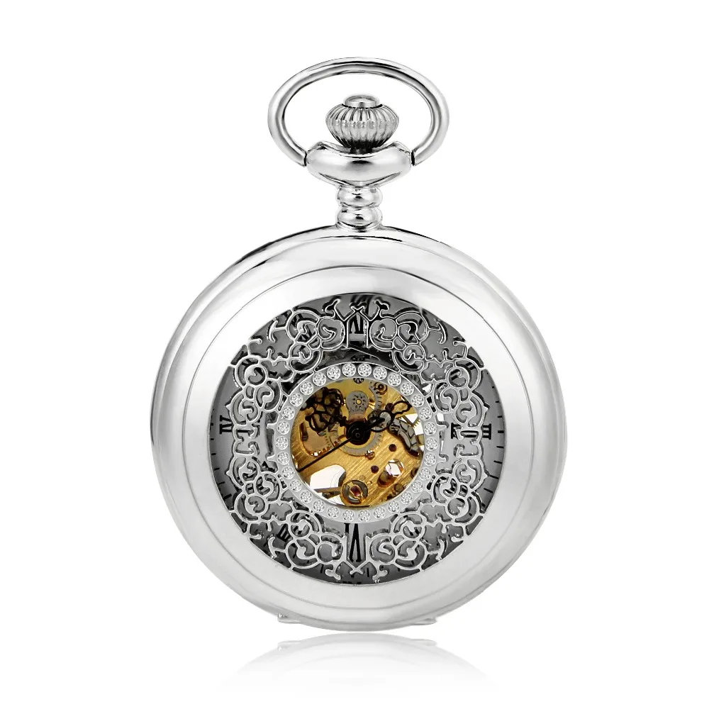 

Винтажные, серебристые, полые, классические часы, половина охотника, мужские, ручная работа, механические, карманные часы, женские часы в сти...