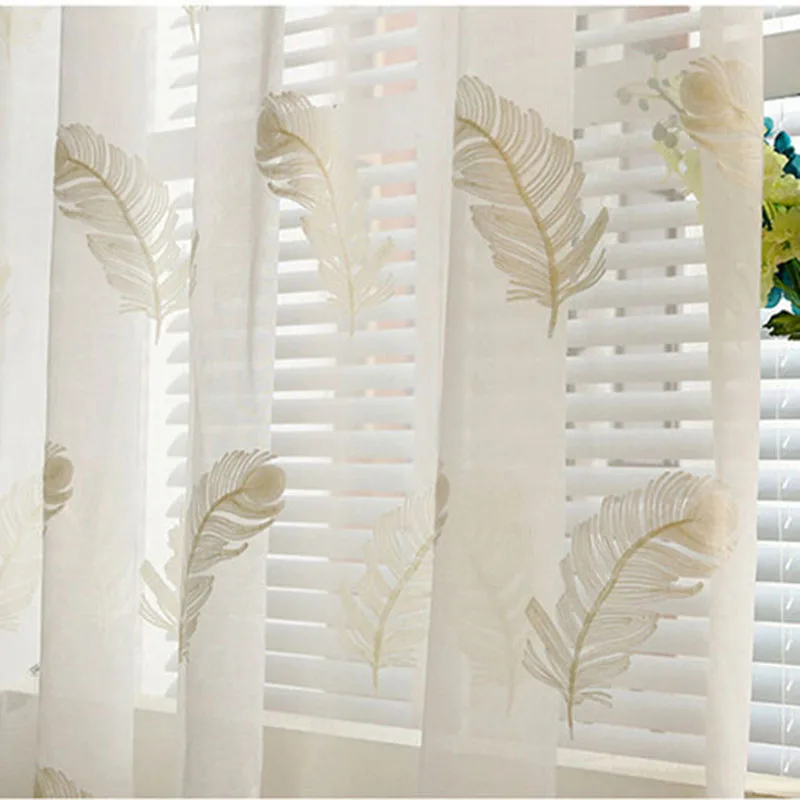Короткие Вышитые перья вуаль шторы сетка Белый Синий кабинет спальня оконные