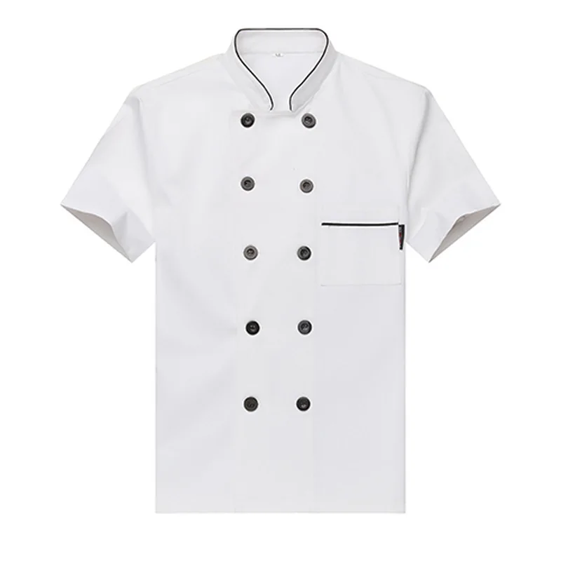 White shirt С коротким рукавом шеф-повара Униформа Мужская рубашка Топы дышащая еда обслуживание бесплатный логотип печать пекарня повара КУРТКА фартук кепки аксессуары - Цвет: White shirt