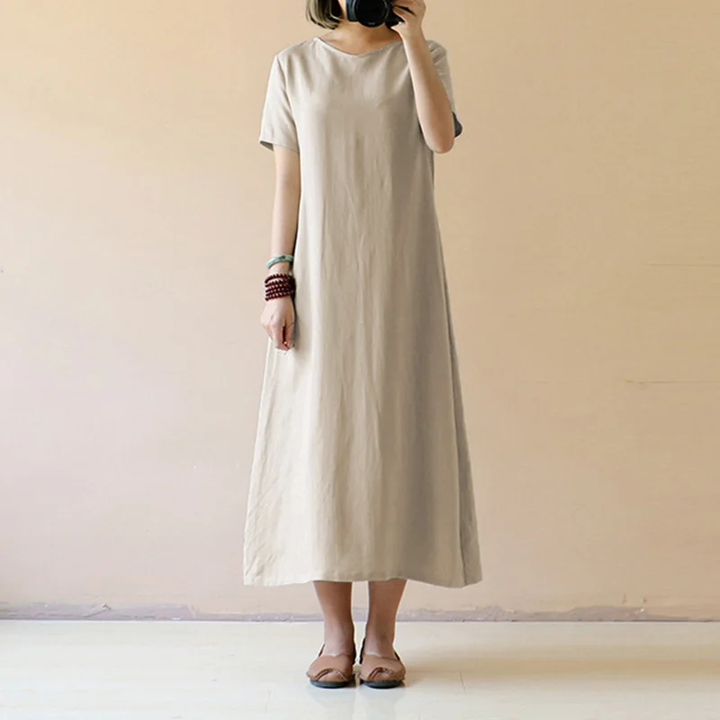 Beige Женское винтажное льняное платье, лето, платье-рубашка, короткий рукав, одноцветное, повседневное, свободные, вечерние, Пляжное, длинное, Vestidos - Цвет: Beige