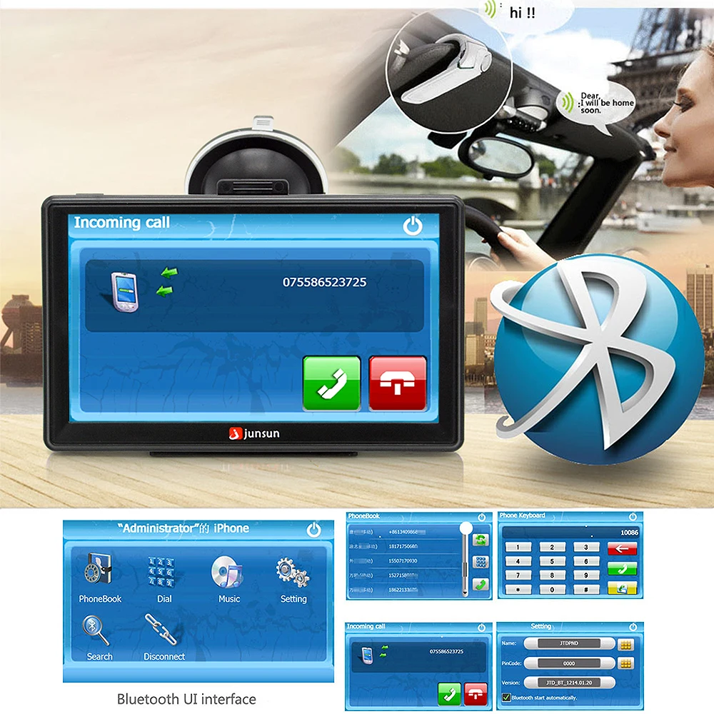 Junsun Портативный автомобиля GPS навигации Bluetooth штук 7 дюймов емкостный сенсорный