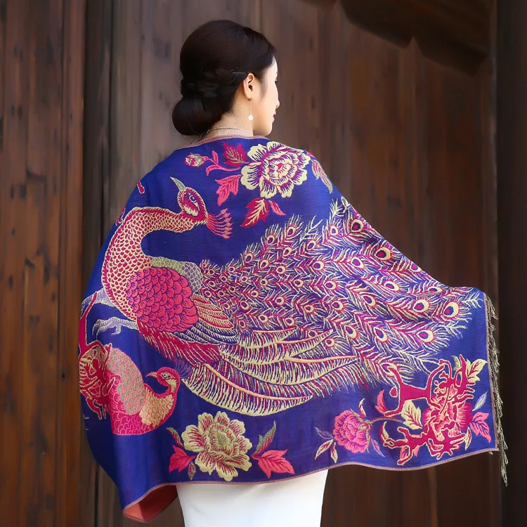 Женская шаль в национальном стиле осенне-зимний длинный шарф с павлином женский